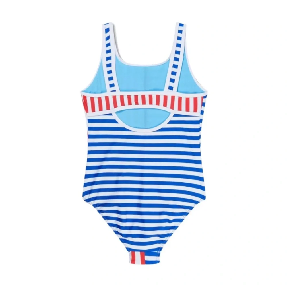 Speedo Girl’s Swimsuit One Piece Blue and Red Stripes Size 16 NWT UPF 50+